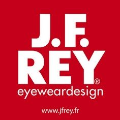 J.F. Rey Brillenlogo auf rotem Hintergrund