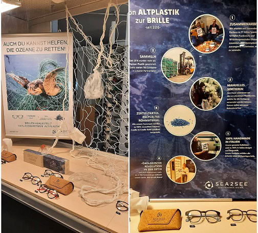 Ausstellung von Brillen aus recyceltem Plastik.