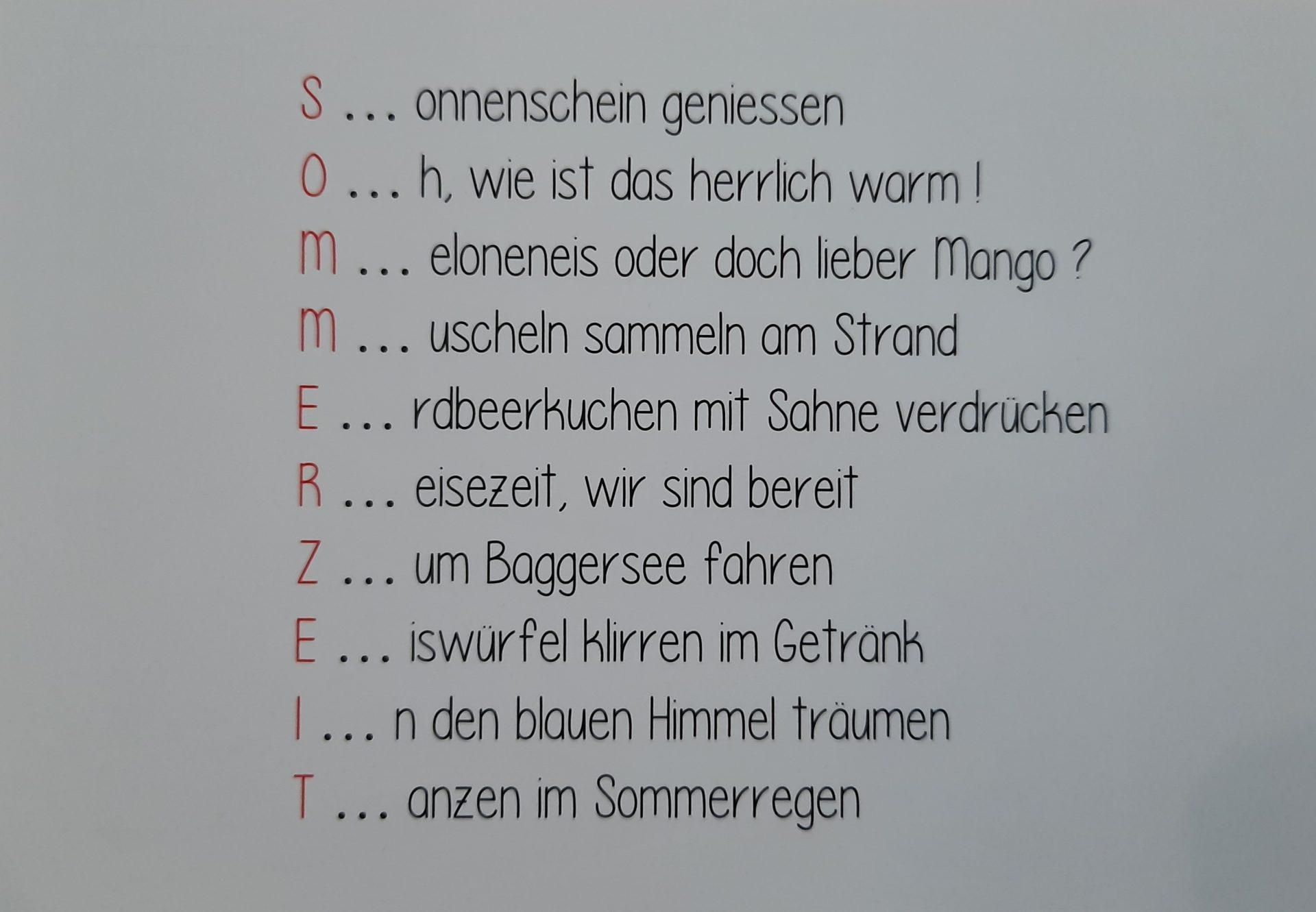 Sommerzeit Akrostichon mit Sommeraktivitäten