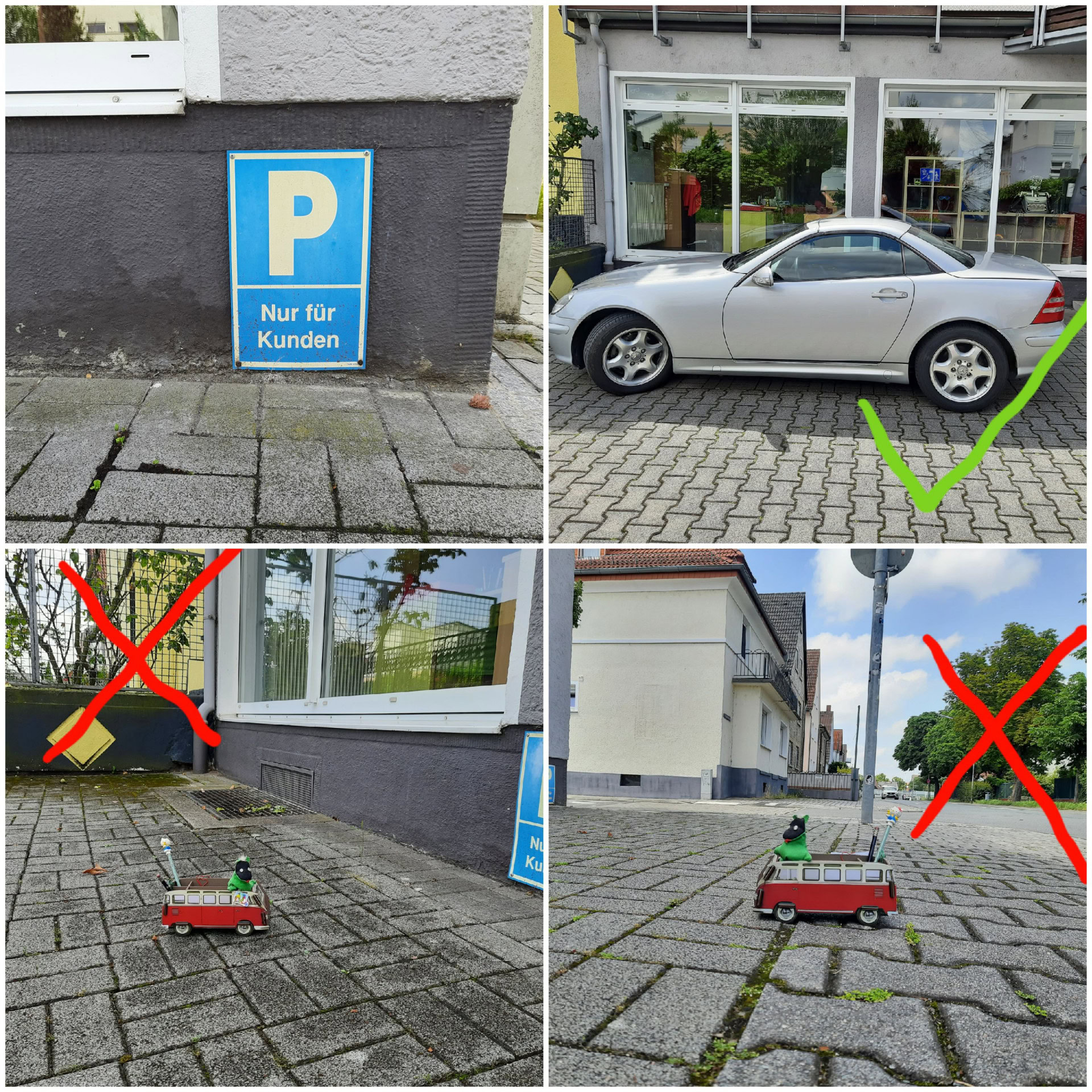 Parkplatz nur für Kunden, Auto erlaubt, Spielzeug nicht.